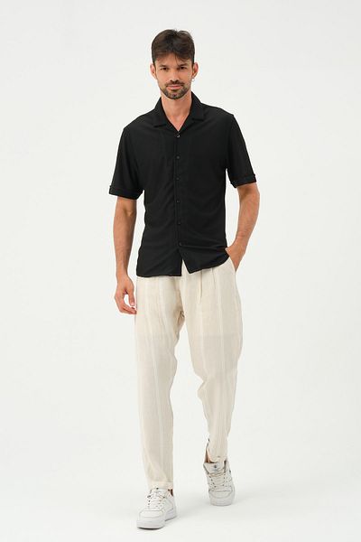 RELAXL Men's Beige Pleated Regular Fit Double Leg Linen Trousers