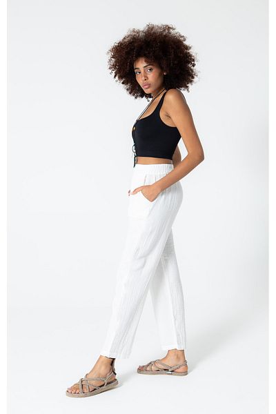 RUBYSTARS White Muslin Comfortable Cut Elastic Bohemian Trousers