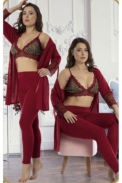 JENİKA Set de pijamale din 3 piese pentru femei, cu detaliu din dantela