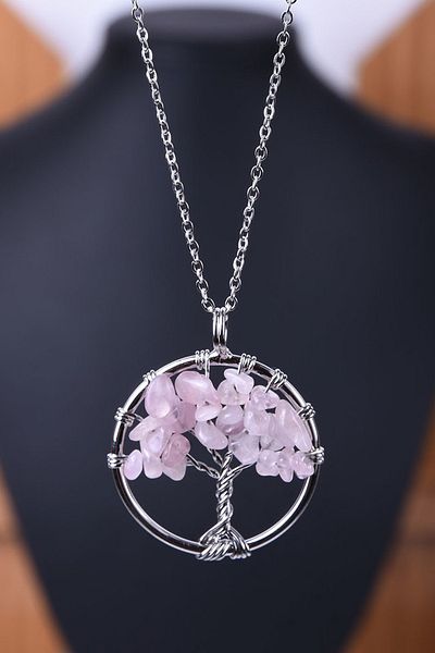 Tesbih Atölyesi Certified Pink Quartz Stone Tree of Life Necklace