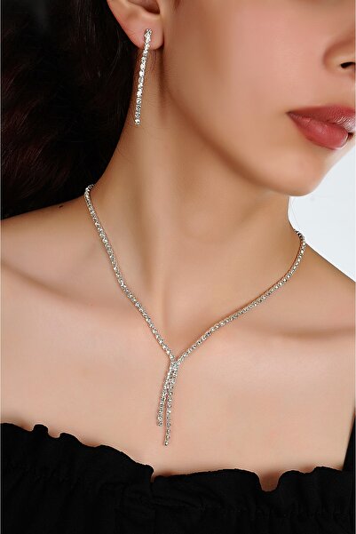 EUROMODA Abiye Gelinlik Nişanlık Takım Parlak Stras Taşlı Gümüş Renkli Kolye ...