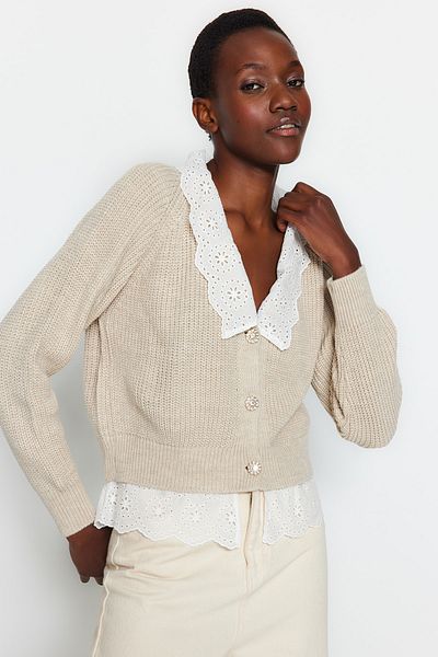 Trendyol Collection V-nyakú Stone Crop kötöttáru kardigán - Garni részletekkel TWOAW24HI00221