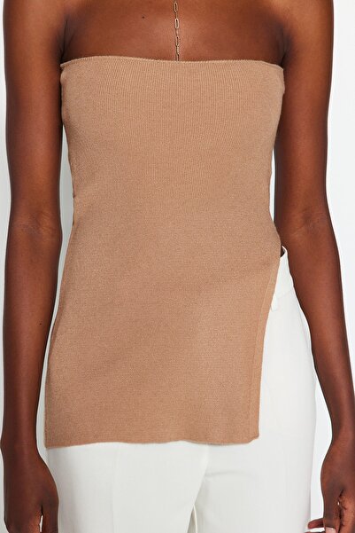 Trendyol Collection Strapless Premium Knitwear Thin Blouse - Slit Detail, Camel TWOAW24BZ00131