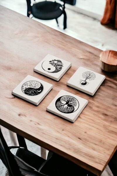 Baumatelier مجموعة قواعد أكواب من الحجر الطبيعي بتصميم شجرة الحياة من Yin Yan...