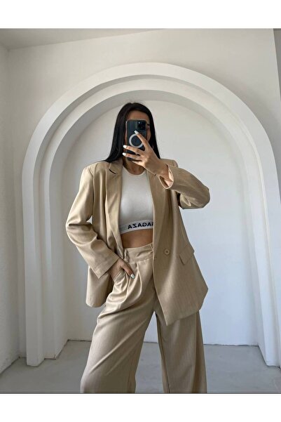 bymaestro woman Kadın Bej İbiza Keten Ceket Pantolon Takım