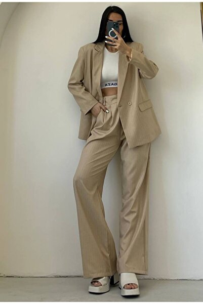 bymaestro woman Kadın Bej İbiza Keten Ceket Pantolon Takım