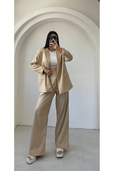 bymaestro woman Kadın Bej İbiza Keten Ceket Pantolon Takım