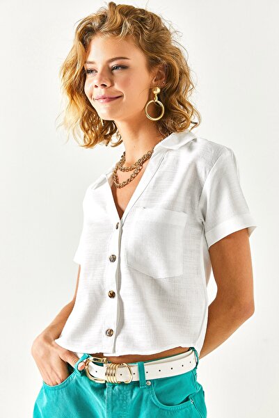 Olalook Women's White 4-Button Pocket V-Neck Linen Shirt GML-19001137