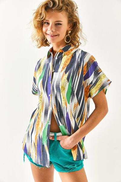 Olalook Women's Wave Yellow Bat Linen Blended Shirt GML-19001121