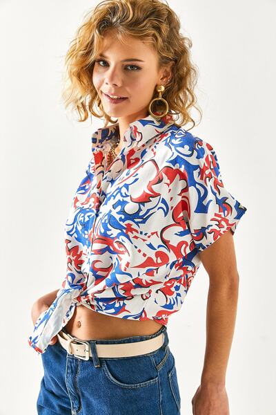 Olalook Women's Motif Saks Blue Bat Linen Blended Shirt GML-19001121