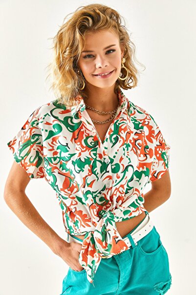 Olalook Cămașă de damă cu motiv verde liliac în amestec de in GML-19001121