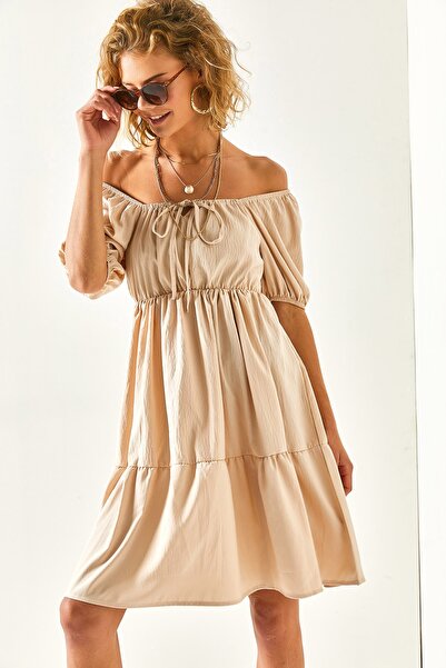 Olalook Γυναικεία Μπεζ ρόμπα μέσης ελαστική δαντέλα Carmen γιακά μίνι φόρεμα ELB-19001958