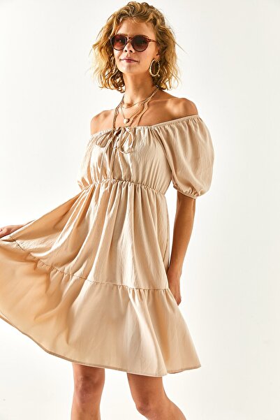 Olalook Γυναικεία Μπεζ ρόμπα μέσης ελαστική δαντέλα Carmen γιακά μίνι φόρεμα ELB-19001958