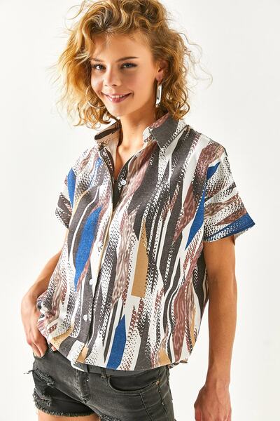 Olalook Women's Wave Brown Bat Linen Blended Shirt GML-19001121