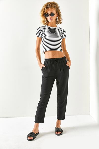 Olalook Γυναικείο μαύρο ελαστικό λινό παντελόνι με 4 τσέπες στη μέση PNT-19000240