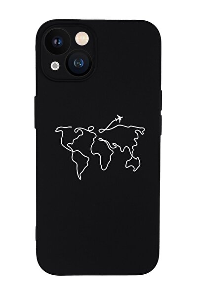 mooodcase Iphone 13 Uyumlu Dünya Harita Rotalı Desenli Kamera Lens Korumalı Darbe Emici Silikonlu Lansman Kılı