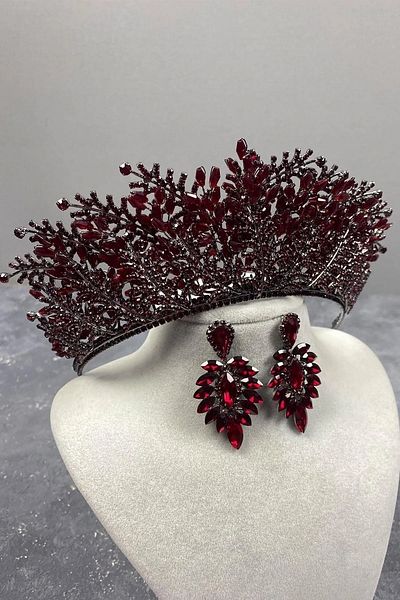 Hayalperest boncuk Burgundy Color Nairobi Model Bridal Crown Drop Jewelled Earring Set Wedding Crown Prom Crown Henna Crown Bridal Crown