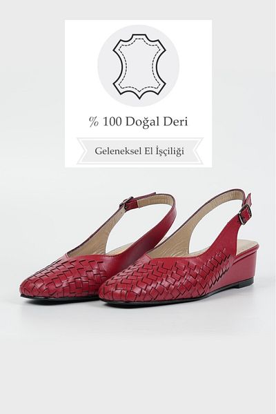 TUNAELLİ WOMEN'S RED BRIDED GENUINE LEATHER NUMBER 35-41-42 PADDED HEEL SHOES