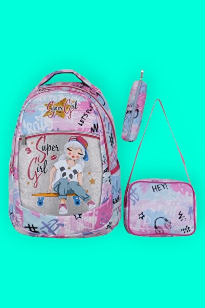 Uniquerrs Set de 3 ghiozdane pentru fete, cu model Super Girl, cu compartimen...