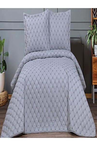 NASHOME TEKSTİL مفرش سرير مزدوج مخملي مبطن باللون الرمادي