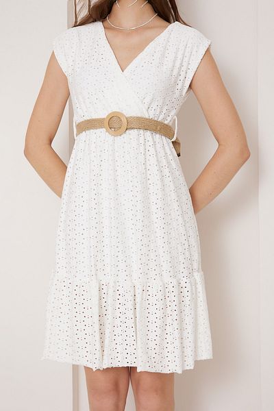 lovebox Rochie albă cu guler dublu din țesătură flexibilă căptușită cu centură Cadou 085