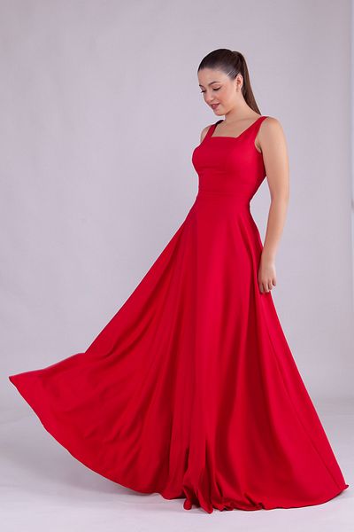 NO48 Red Square Collar Sleeveless Wide Strap Woven Draped Fabric Maxi Length Flared Evening Dress