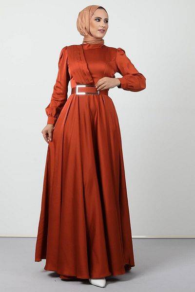 Giza Giyim Brick Color Pleated Hijab Evening Dress