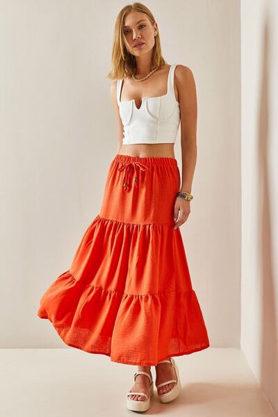 XHAN Orange Flounce Maxi Skirt 3YXK7-47440-11