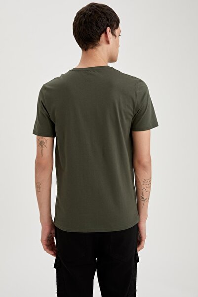 DeFacto Slim Fit V-Neck Basic Χακί Βαμβακερό Χτενισμένο Βαμβακερό T-Shirt
