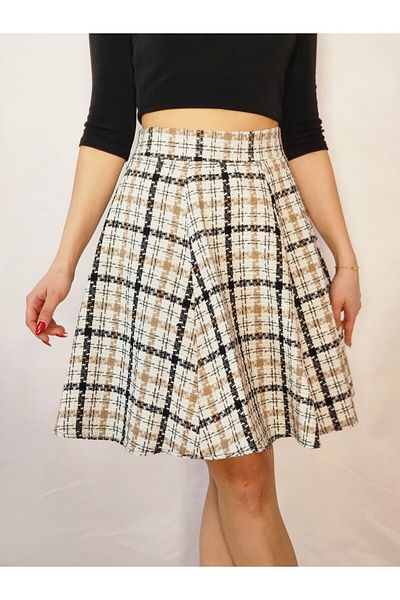 YAXİ Plaid Patterned White A-Line Skirt