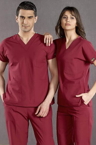 ÇİZGİ MEDİKAL Bordo Doktor Hemşire Forması Scrubs Dr Greys Likralı Takım (esn...