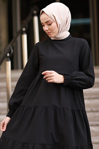 InStyle Μονόστρωμα Λεπτομερές Casual Hijab Φόρεμα - Μαύρο