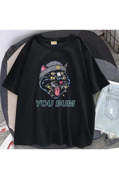 Touz Μπλουζάκι You Bum Cat με εμπριμέ μαύρο Unisex Oversize