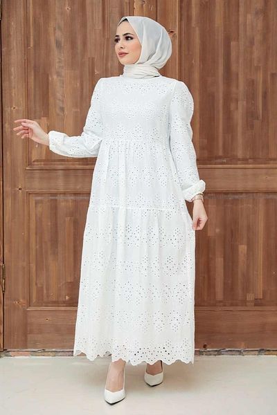 Neva Style - Rochie Hijab Ecru cu mâneci elastice 1073e