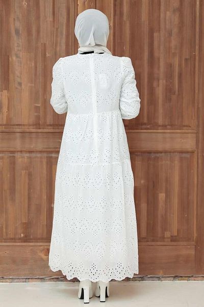 Neva Style - Rochie Hijab Ecru cu mâneci elastice 1073e