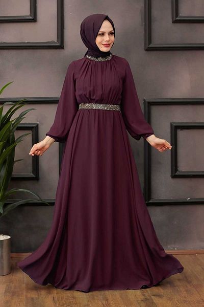 Neva Style Rochie de seara cu hijab - Rochie de seara musulmana cu maneca cu balon prune 5339mu