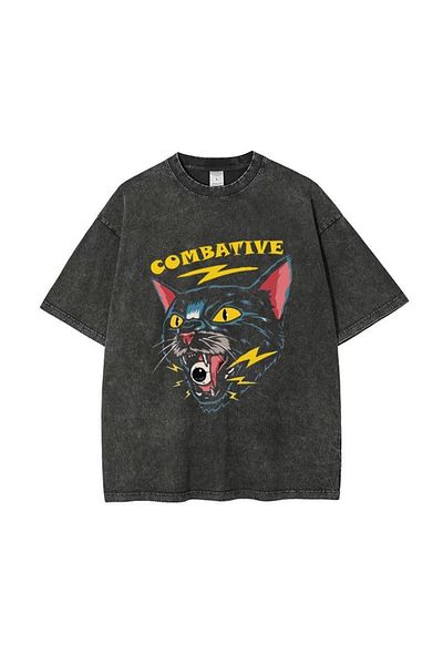 Touz Πλένεται Combatative Cat Printed Unisex Oversize Vintage T-shirt