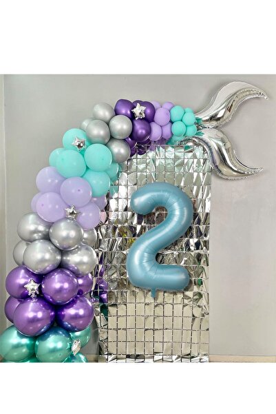 PARTİAVM Deniz Kızı Doğum Günü Konsepti Balon Zinciri Rakam Balon ve Arka Fon...