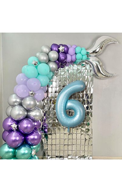 PARTİAVM Deniz Kızı Doğum Günü Konsepti Balon Zinciri Rakam Balon ve Arka Fon...