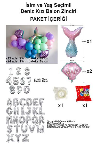 PARTİAVM Mermaid Birthday Concept Balloon Chain with Number Balloon and Letter Balloon Selection