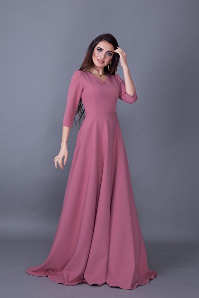 NO48 Βραδινό φόρεμα με φουσκωτό ύφασμα Dusty Rose με λαιμόκοψη 3/4 με υφαντό ύφασμα