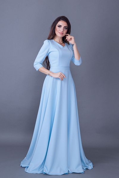 NO48 Baby Blue V λαιμόκοψη 3/4 μανίκι υφαντό ντραπέ ύφασμα Maxi μήκους φουσκωμένο βραδινό φόρεμα