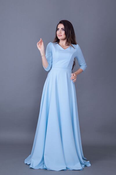 NO48 Baby Blue V λαιμόκοψη 3/4 μανίκι υφαντό ντραπέ ύφασμα Maxi μήκους φουσκωμένο βραδινό φόρεμα