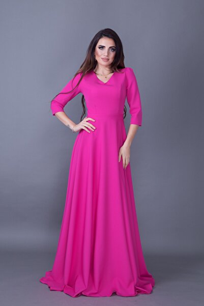 NO48 Βραδινό φόρεμα με φούξια λαιμόκοψη 3/4 με υφαντό ύφασμα με ντραπέ