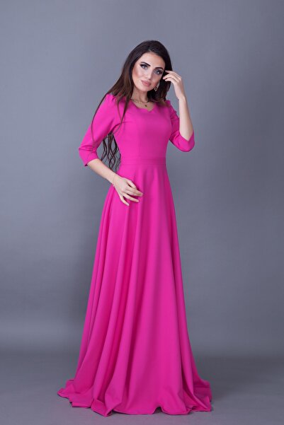 NO48 Βραδινό φόρεμα με φούξια λαιμόκοψη 3/4 με υφαντό ύφασμα με ντραπέ