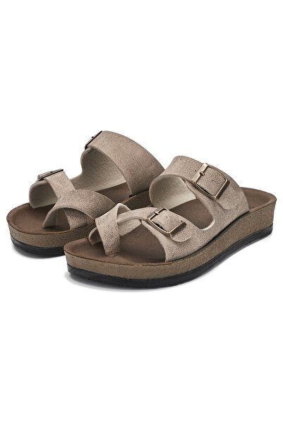 İmerShoes Casual Women's Beige Slippers Single Toe Comfortable Cork Sole Buckle Adjustable Sandals