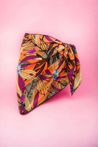 pistore Orange Purple Leaf Patterned Short Pareo Satin Women's Beach Dress New Season