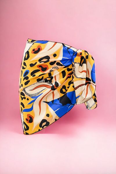 pistore Yellow Blue Floral and Leopard Print Short Pareo Satin Women's Beach Dress New Season