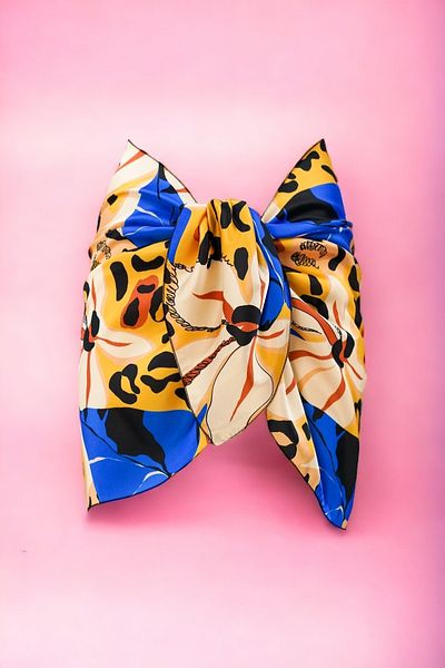 pistore Yellow Blue Floral and Leopard Print Short Pareo Satin Women's Beach Dress New Season