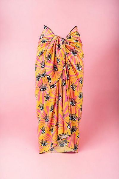 pistore Yellow Pink Eye Patterned Long Pareo Satin No-Show Women's Beach Dress New Season